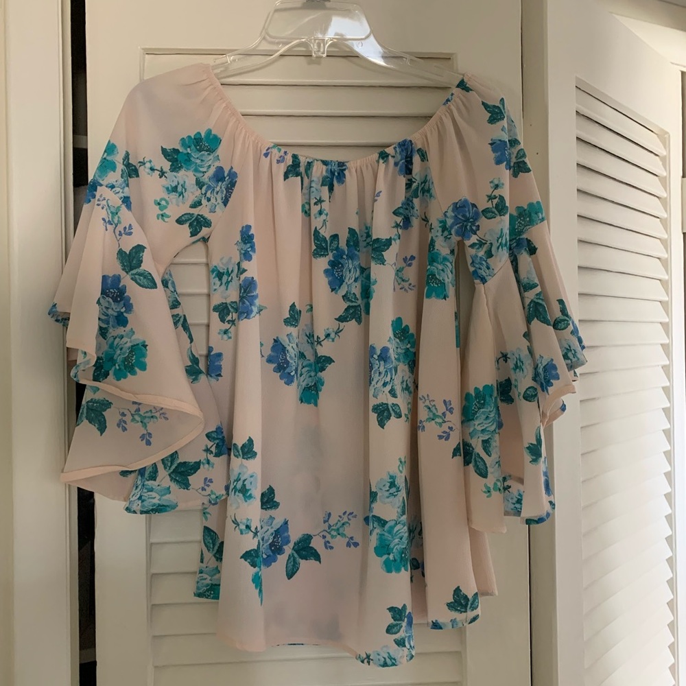 mts pink and blue off the shoulder blouse